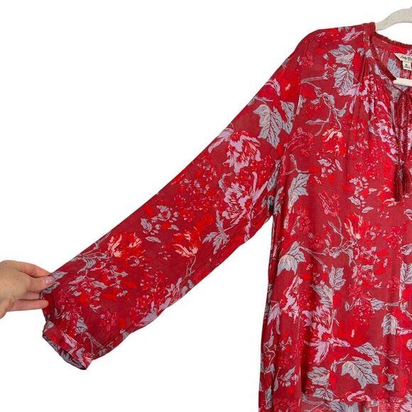 Lucky Brand Blouse Women's XL Red Split Neck Floral Long Sleeve Peasant Top Boho - Picture 3 of 13